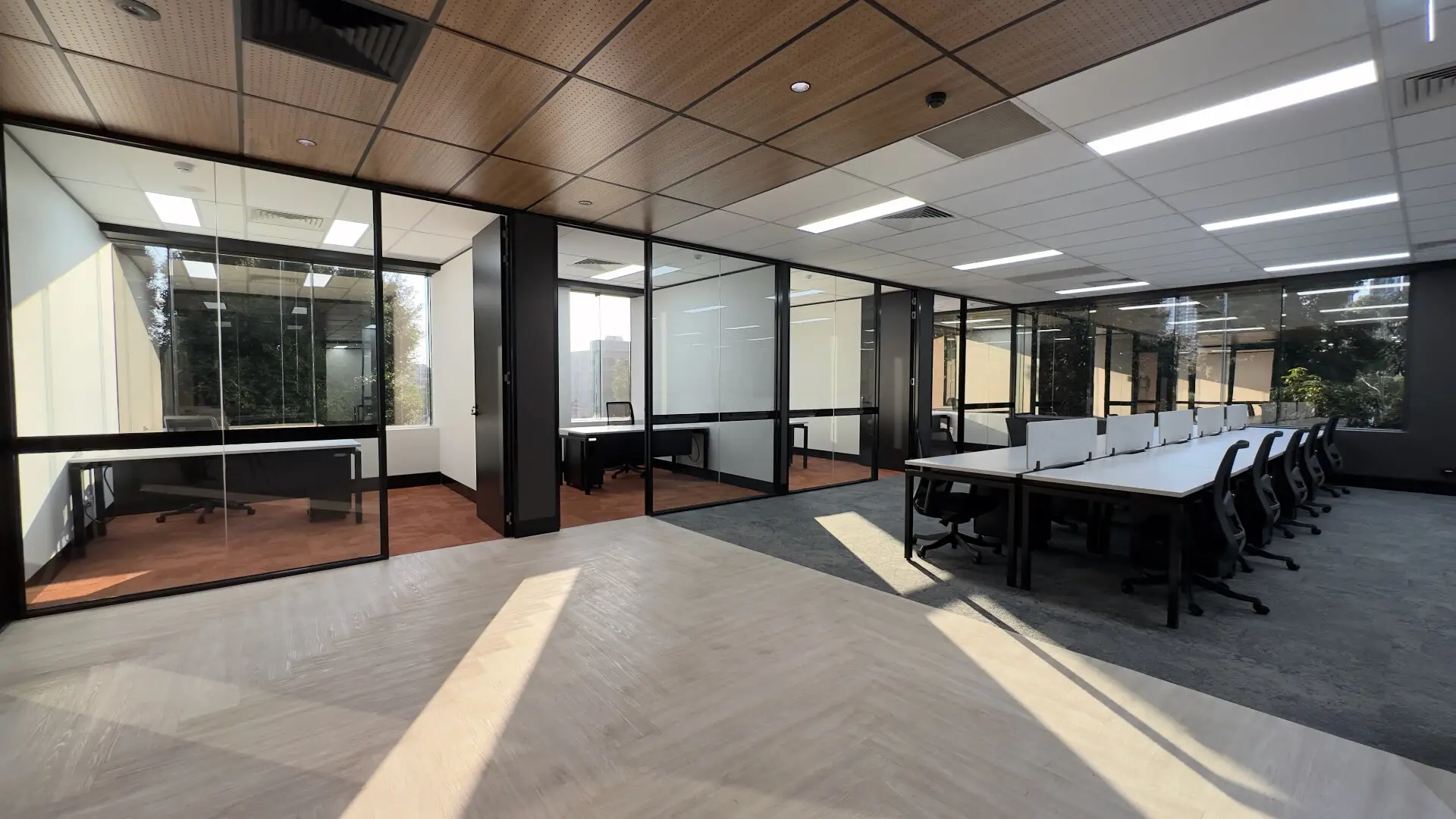 Commercial office ceiling tile replacement showing timber acoustic panels and white suspended grid with LED lighting in Melbourne