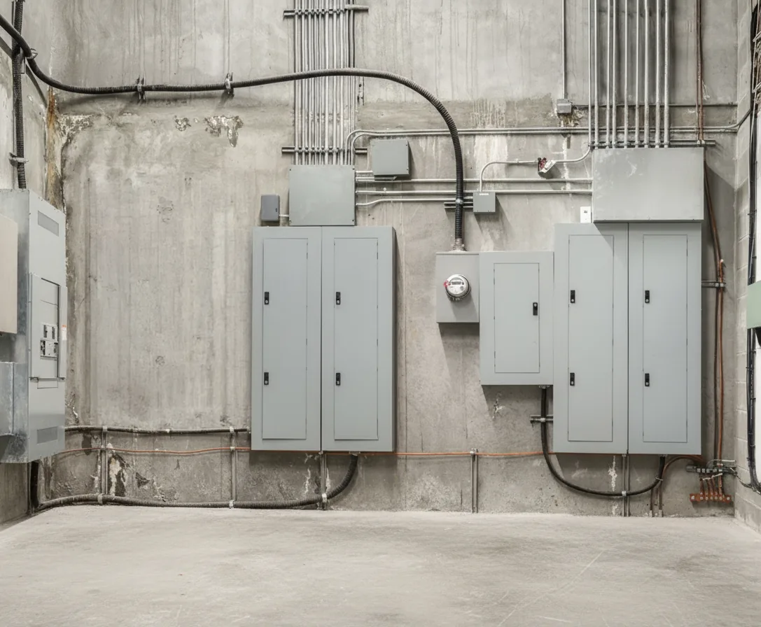 Commercial electrical switchboards and conduit on a concrete wall prepared for make safe and strip out works in Melbourne