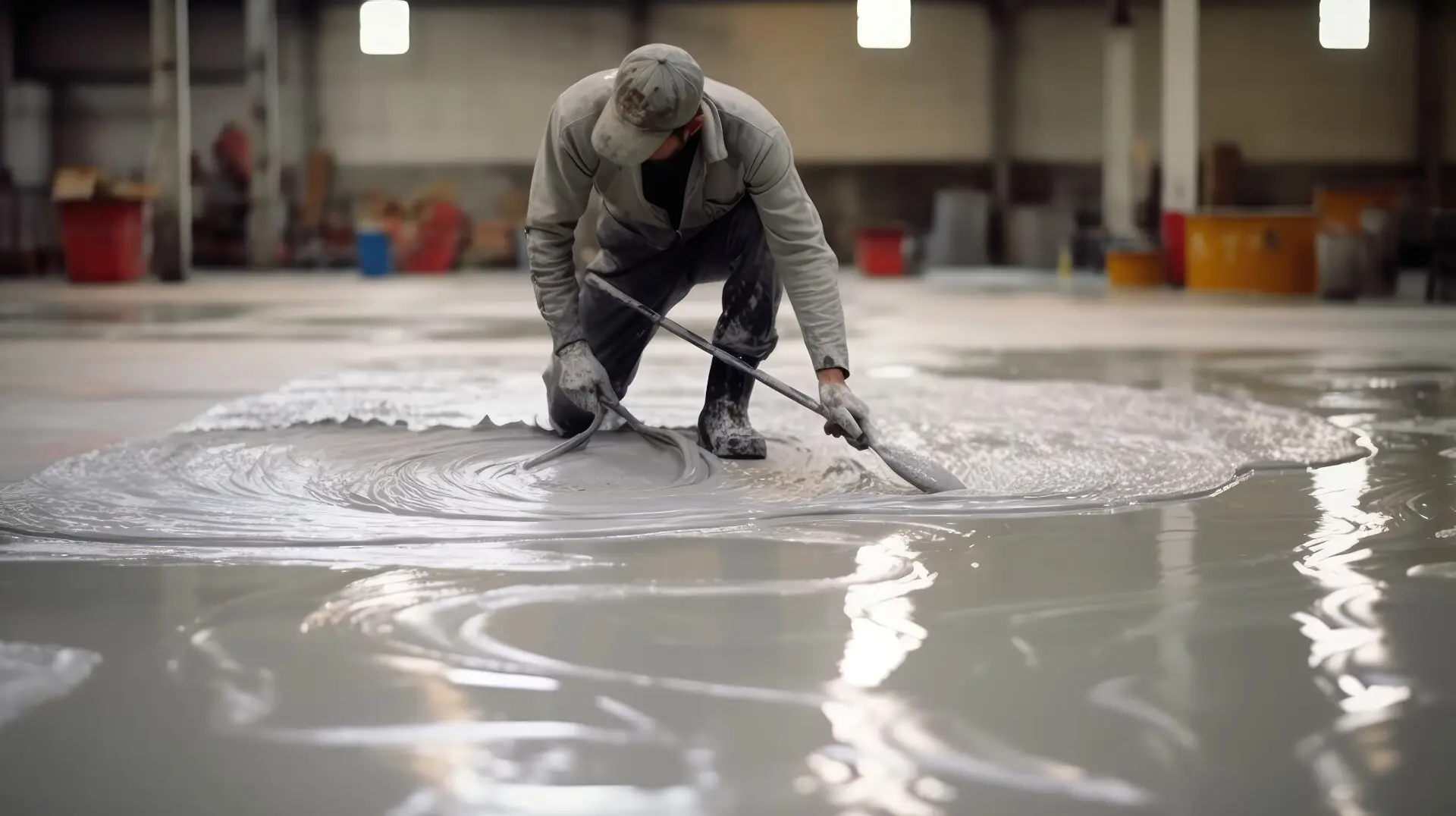 Worker spreading epoxy floor coating in industrial warehouse Melbourne