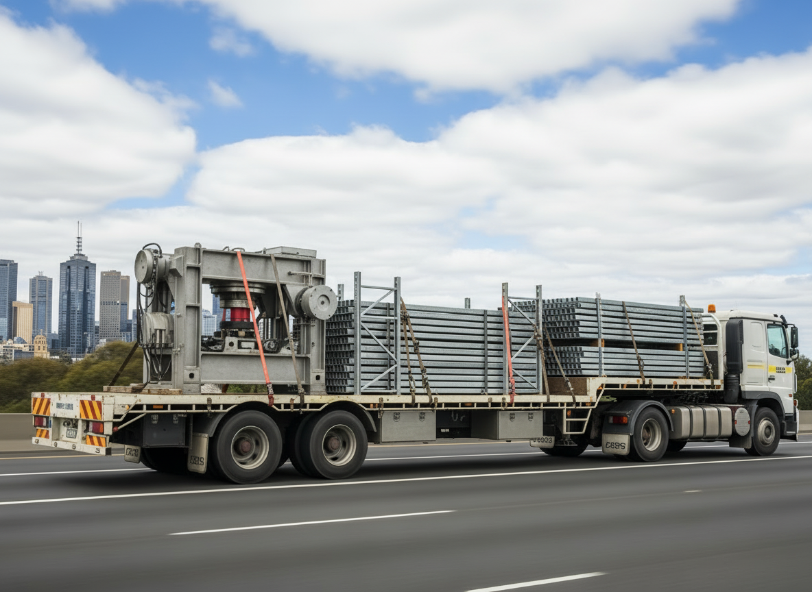 Flatbed truck transporting pallet racking and industrial machinery with Melbourne city skyline in background