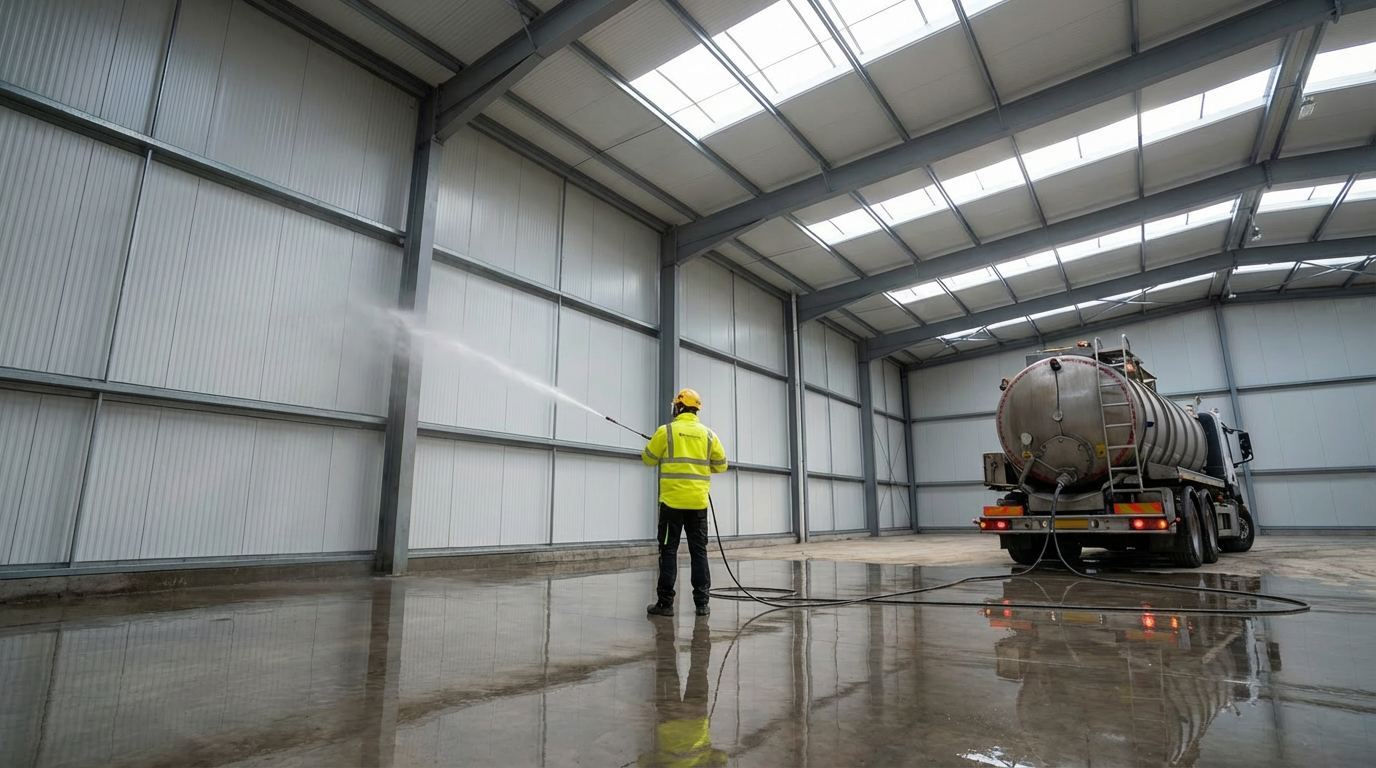 High-pressure warehouse cleaning Melbourne - industrial cleaner pressure washing warehouse floor for lease end