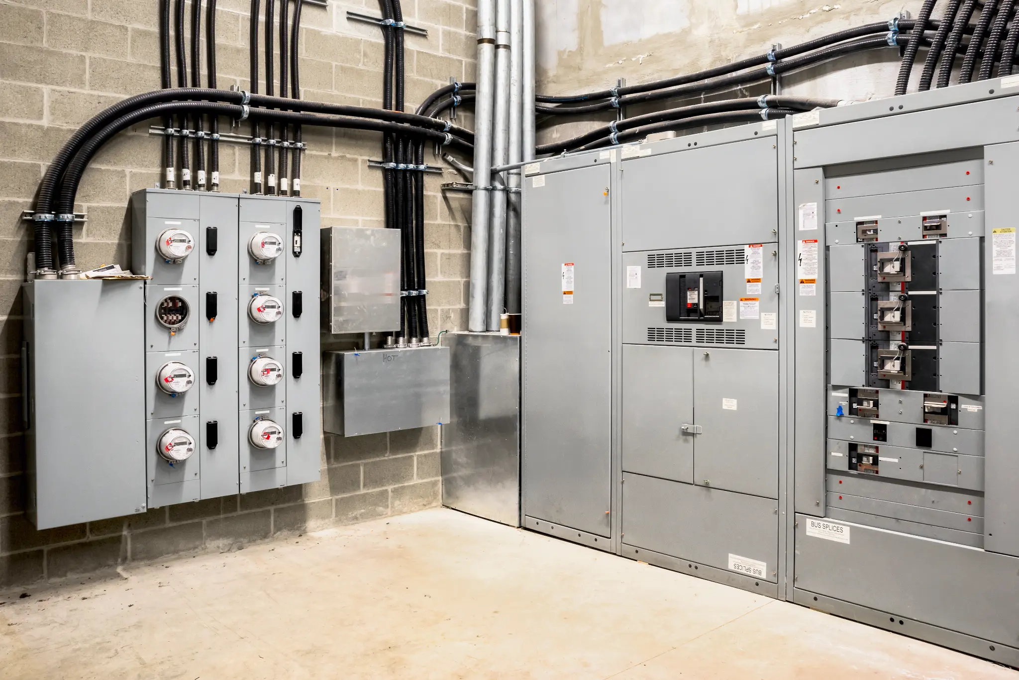 Electrical switchboard and meter panels with organized conduit and cabling for make safe works in Melbourne