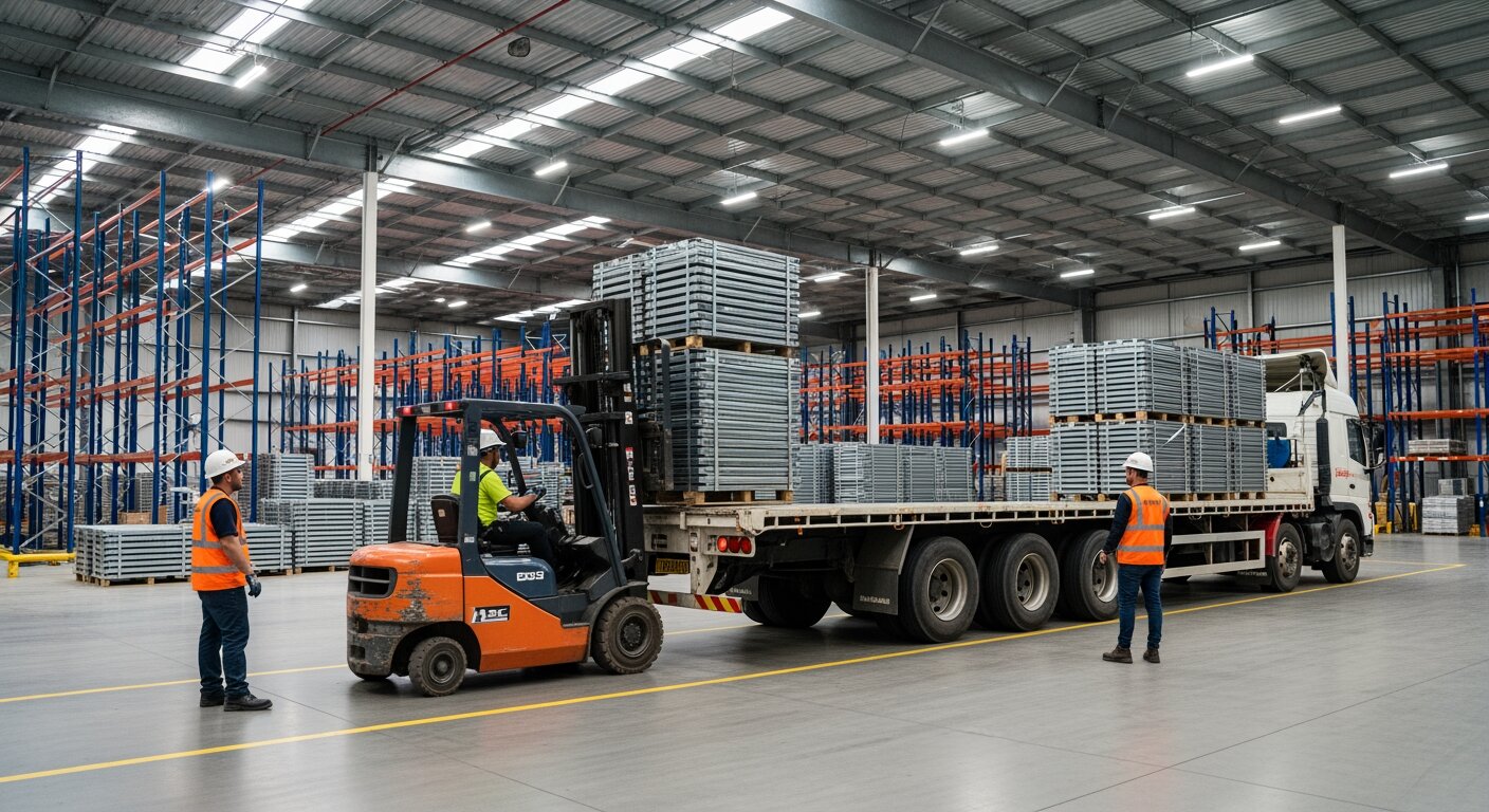 Forklift loading dismantled pallet racking components onto a truck in a Melbourne warehouse
