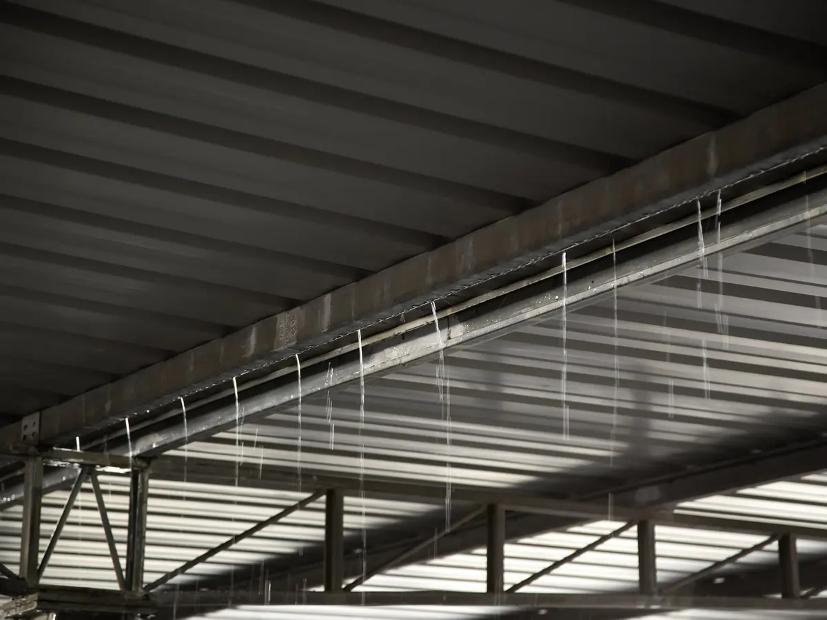 Overflowing Box Gutter Melbourne Rainwater dripping from a roof gutter onto the steel frame inside a warehouse