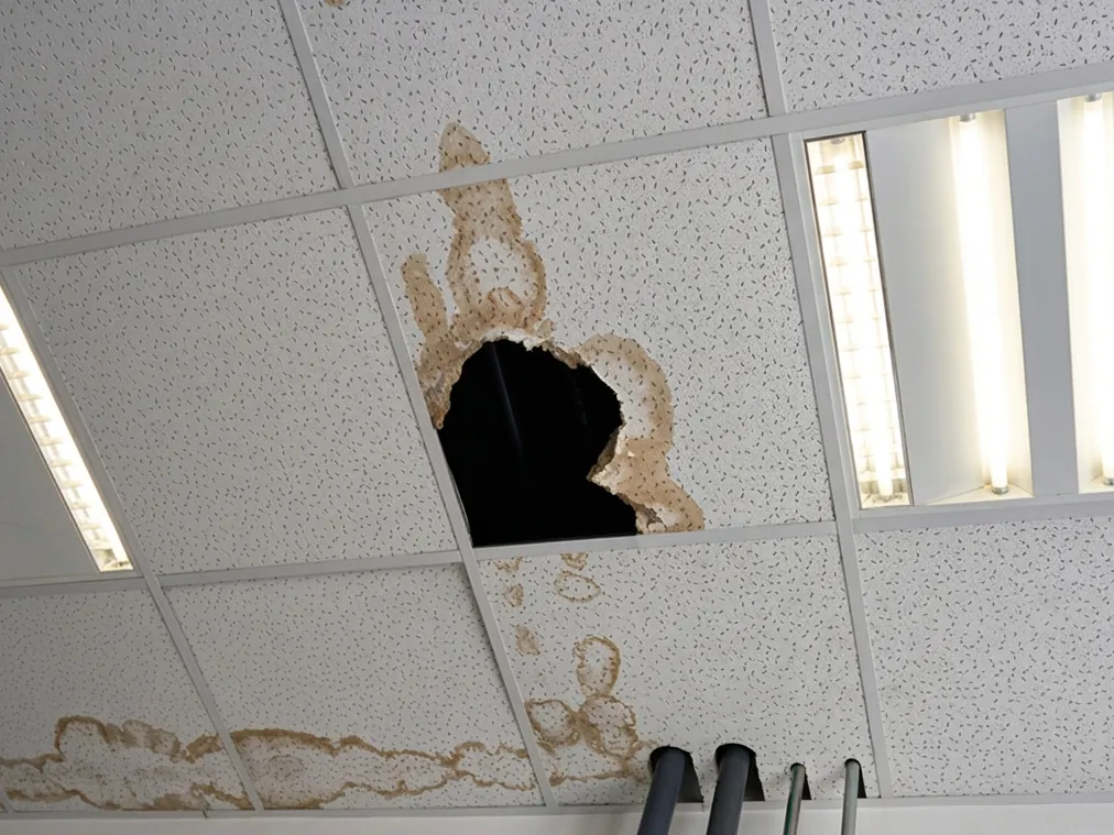 Water stained and collapsed suspended ceiling tile in a commercial building after a roof leak