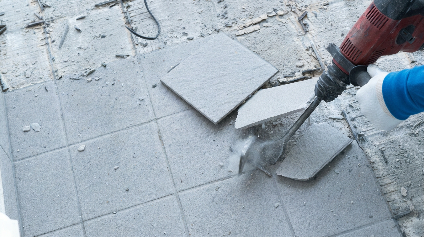 Demolition hammer removing floor tiles during commercial flooring strip out Melbourne