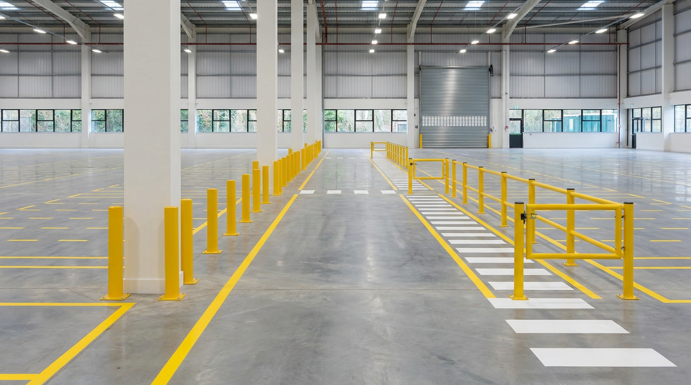 Restored yellow warehouse floor line markings with pedestrian walkways and safety zones in Melbourne
