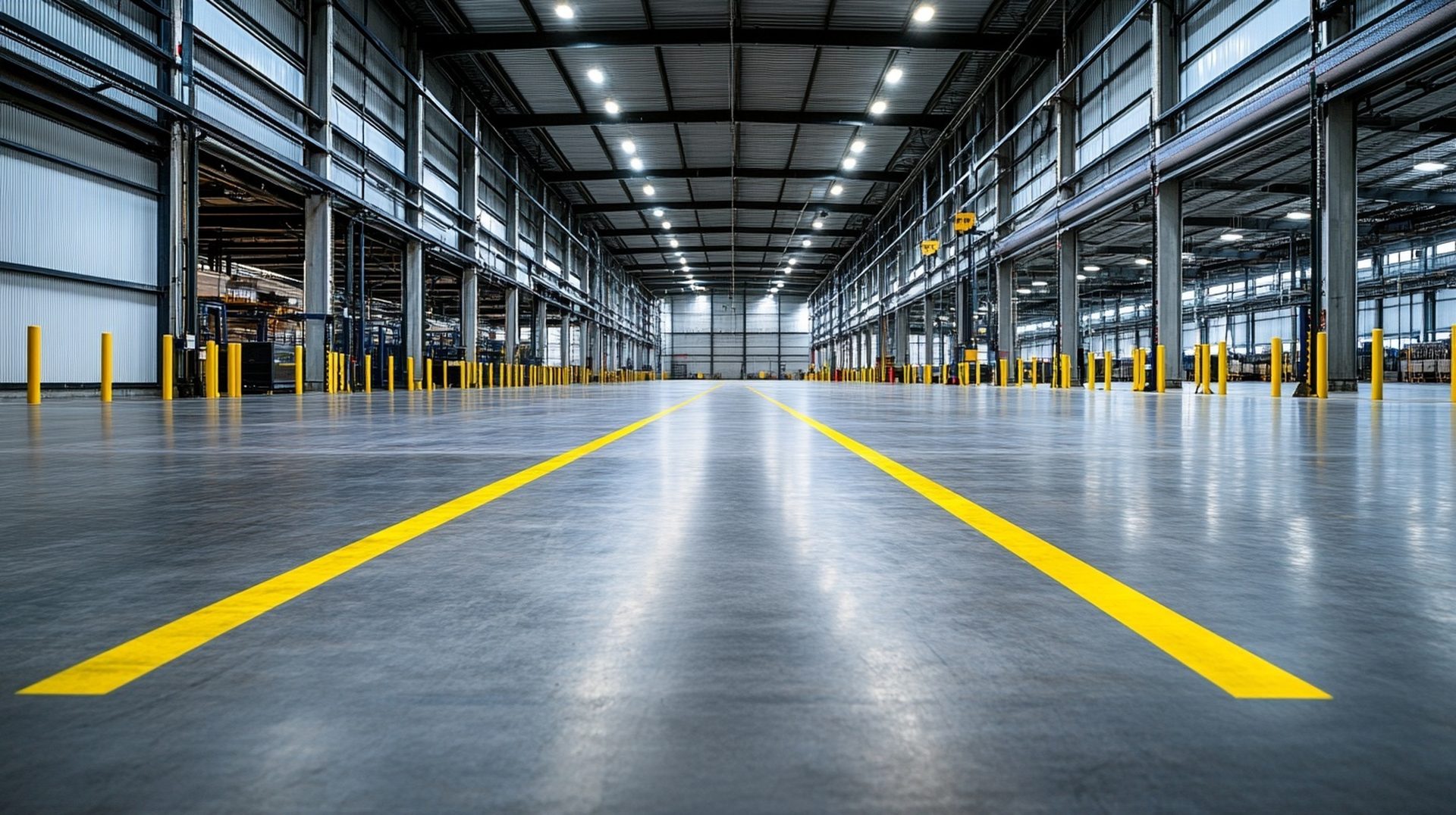 Fresh yellow forklift aisle line markings on polished concrete warehouse floor in Melbourne