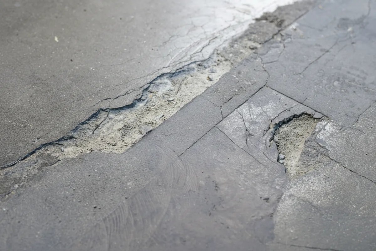 Cracked warehouse hardstand and loading dock area in Melbourne showing spalled construction joints and concrete damage around a dock leveller pit prior to make good repair